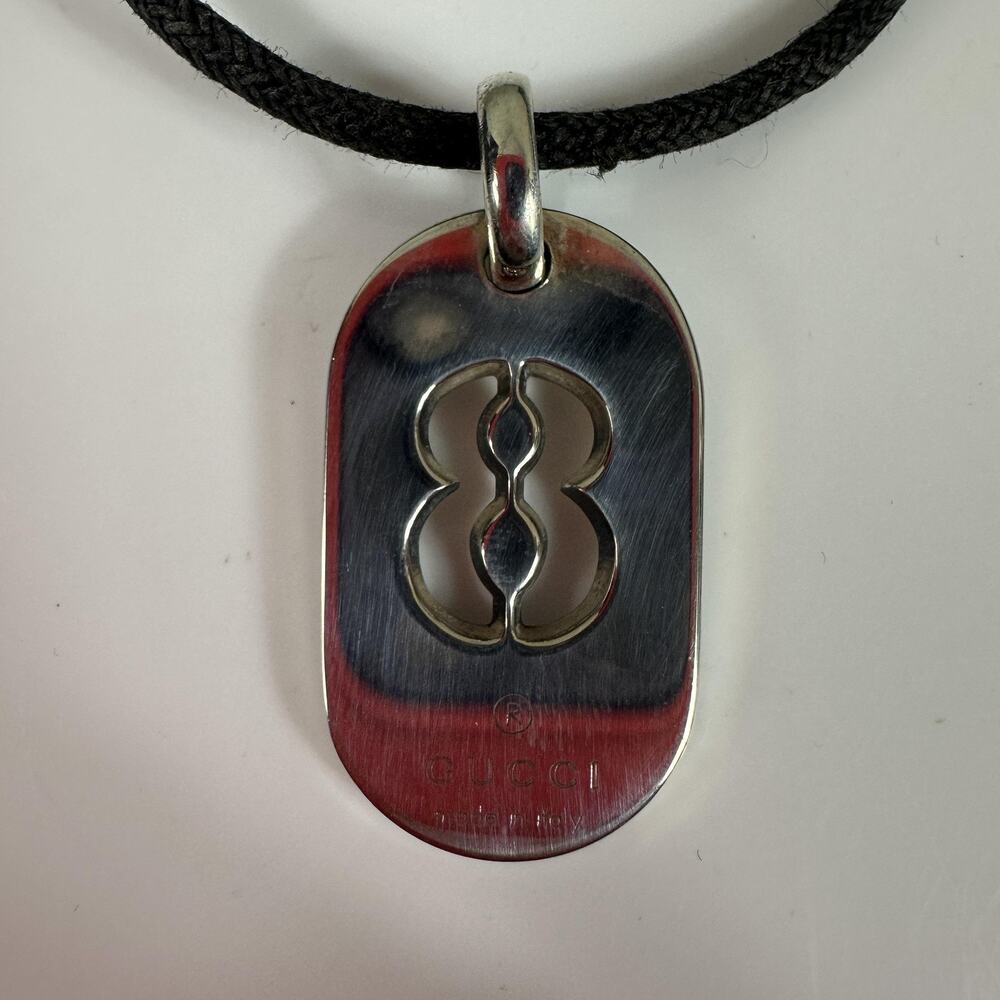 Gucci Sterling Silver 925 Dog Tag Pendant Necklace 18in Black Nylon Italy Cord